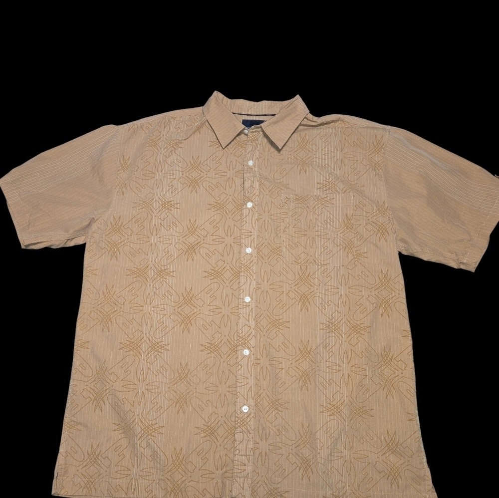 Men's Tan Y2K Phat Farm Button Down Shirt,  2XL Velvet Burnout Logo, Club Resort